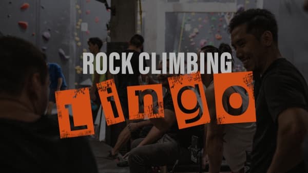 Group of climbers sit and chat at the base of an indoor climbing gym, smiling, with walls behind them